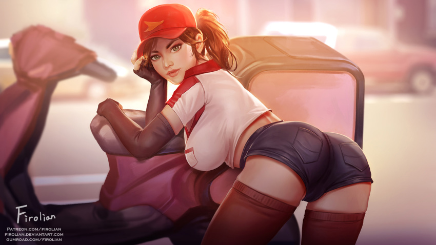 ass big_breasts breasts cleavage culinary_masters_series female female_only firolian hat large_breasts league_of_legends looking_at_viewer looking_back pizza_delivery_sivir ponytail sivir solo solo_female thighhighs