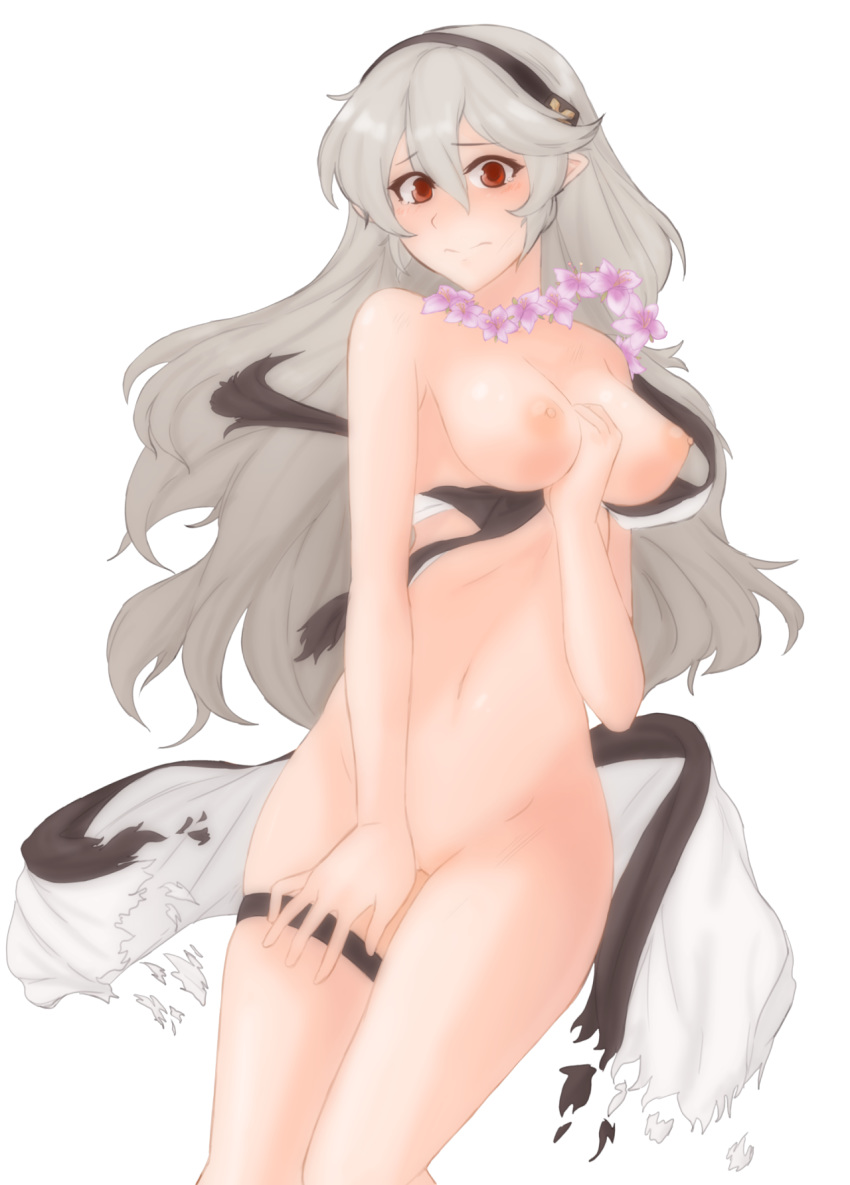 1girls areolae arms bare_arms bare_legs bare_midriff bare_shoulders bikini blush breasts clothing clothing_damage corrin_(female)_(summer)_(fire_emblem) corrin_(fire_emblem) corrin_(fire_emblem)_(female) covering curvy damaged embarrassed embarrassed_nude_female enf erect_nipples female female_only fire_emblem fire_emblem_fates fire_emblem_heroes functionally_nude gray_hair grey_hair hand_between_breasts hands headband large_breasts legs long_hair lost_clothes midriff nipples nude pointy_ears red_eyes shreds_of_clothes solo thigh_strap thighs torn_clothes torn_clothing transparent_background tridisart