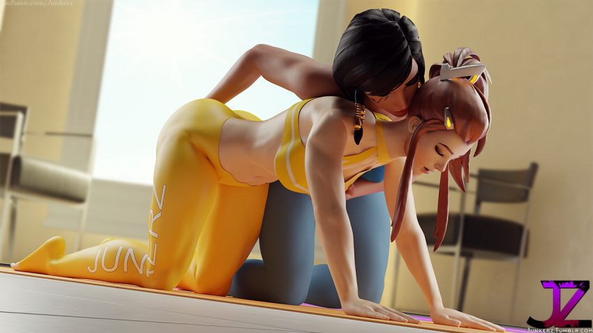 2girls 3d blender breasts brigitte brigitte_lindholm cleavage dark-skinned_female dark_skin fareeha_amari female female_only junkerz overwatch pharah tattoo yoga yoga_mat yoga_pants yuri