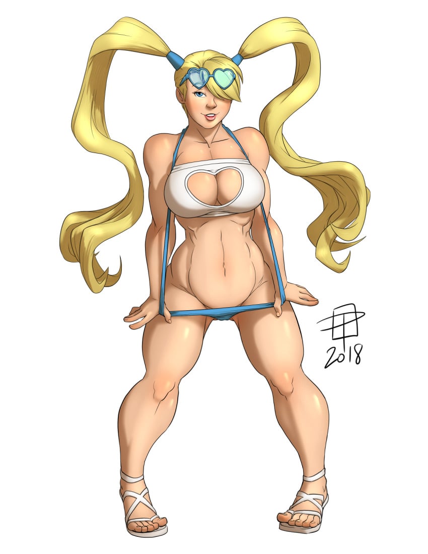 1girls 2018 abs blonde_hair blue_eyes boob_window callmepo capcom female female_only long_hair muscular pulling_clothing pulling_swimsuit rainbow_mika sling_bikini sling_bikini_aside solo street_fighter swimsuit tummy white_topwear