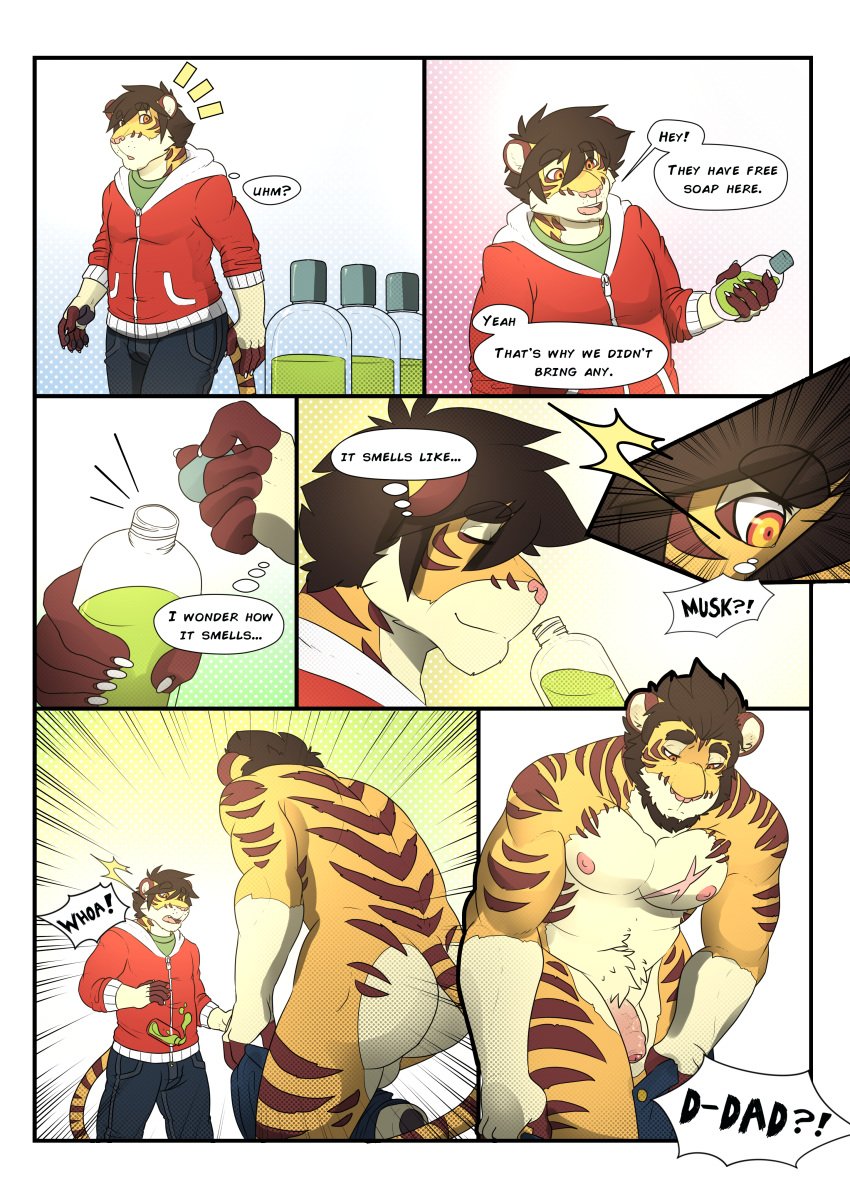 anthro baraking clothing comic dialogue digital_media_(artwork) duo eye_through_hair father father_and_son feline flaccid hair hi_res humanoid_penis male male_only mammal musk pa parent penis shampoo son tiger translucent_hair uncut undressing