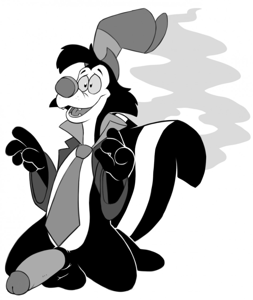 2017 anthro balls big_penis black_fur bottomless clothed clothing concupisco fur greyscale hi_res kneeling male male_only mammal monochrome multicolored_fur multicolored_tail necktie old_toon open_mouth penis simple_background skunk smile solo striped_fur striped_tail stripes teeth toony two_tone_fur white_background