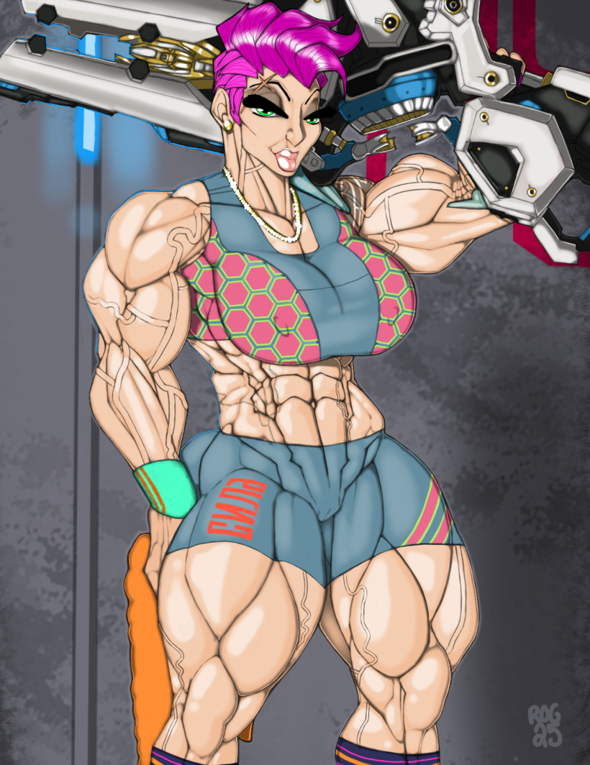 2d blizzard_entertainment green_eyes makeup muscular_female oiled overwatch pink_hair rog25 tattoos zarya