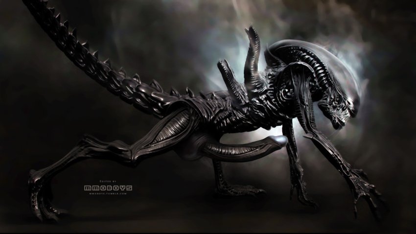 16:9 alien alien_(franchise) all_fours bald barefoot big_penis black_background black_skin claws dark_theme detailed drooling erection feral humanoid_penis hyper long_penis male male_only male_xenomorph mmoboys mmoboys_(artist) nude open_mouth penis retracted_foreskin saliva sharp_claws sharp_teeth shiny side_view simple_background solo teeth toe_claws uncut xenomorph