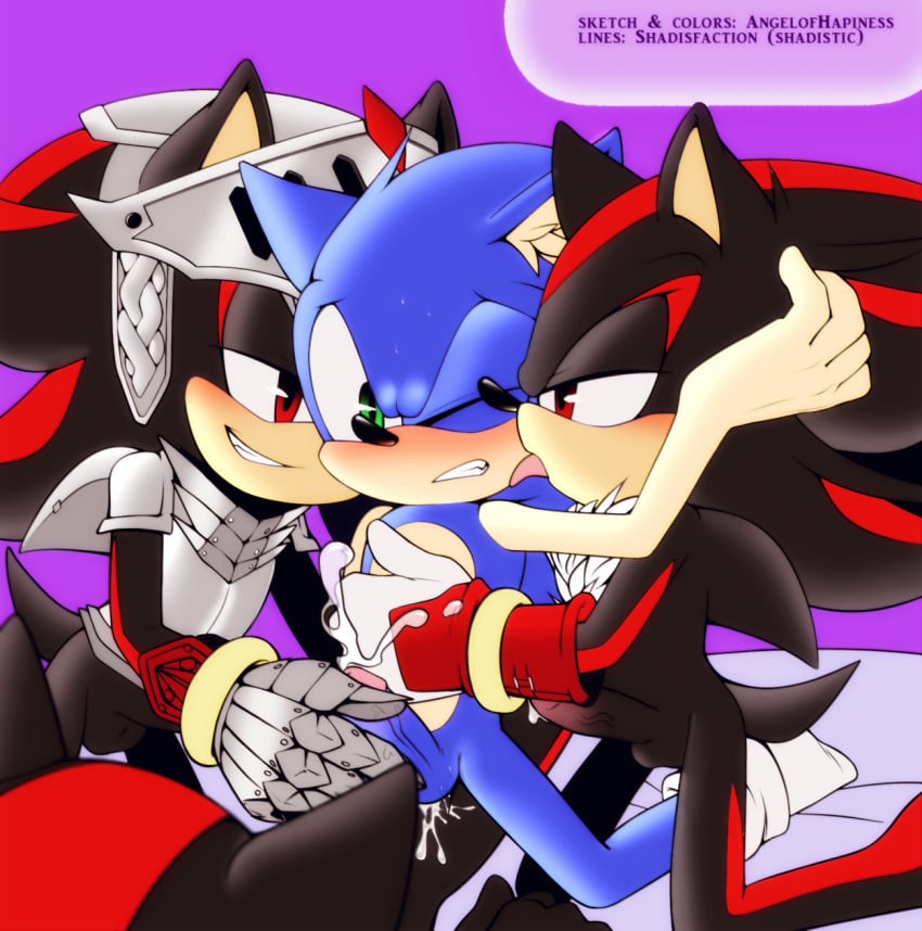 armor balls black_fur blue_fur blush bracelet chest_tuft cum fur green_eyes grin grope group group_sex hedgehog jewelry knight licking male mammal open_maw orgy penis red_eyes red_fur sex shadisfaction shadow_the_hedgehog smile sonadow sonic_(series) sonic_the_hedgehog teeth tongue tongue_out tuft yaoi