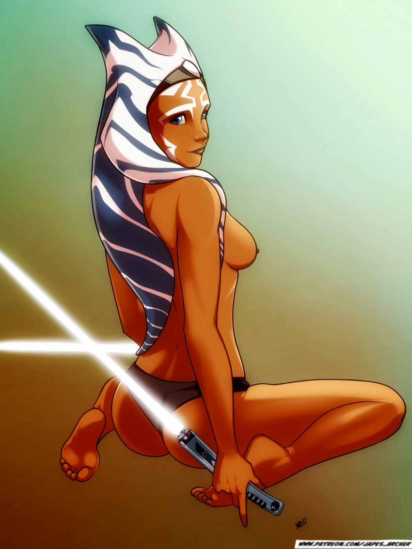 1girls 2018 ahsoka_tano alien alien_girl artist_name ass barefoot blue_eyes breasts feet female female_focus female_only headwear japes lekku lightsaber looking_at_viewer medium_breasts nipples older orange_skin panties reverse_grip sci-fi science_fiction scifi star_wars star_wars_rebels text togruta weapon white_lightsaber