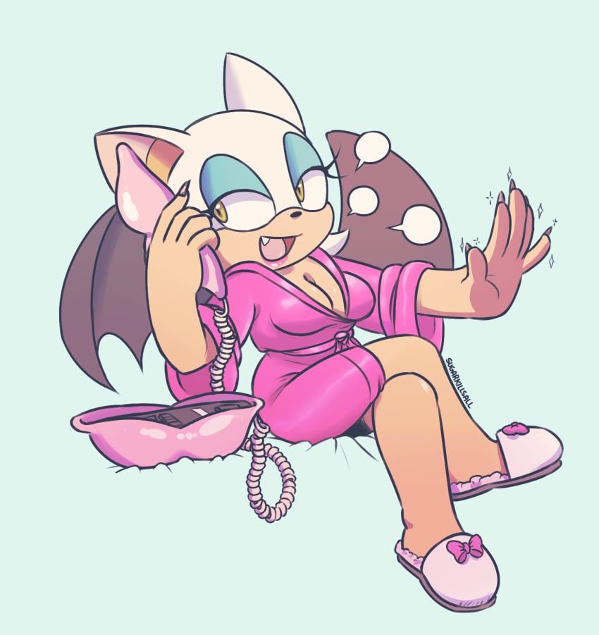 2016 5_fingers anthro bat bathrobe blue_background breasts cleavage clothed clothing eyelashes eyeshadow female fingernails hi_res lipstick makeup mammal membranous_wings open_mouth phone pink_bathrobe pink_robe robe rouge_the_bat simple_background sitting slippers solo sonic_(series) sparkles speech_bubble sugarkillsall wings yellow_eyes