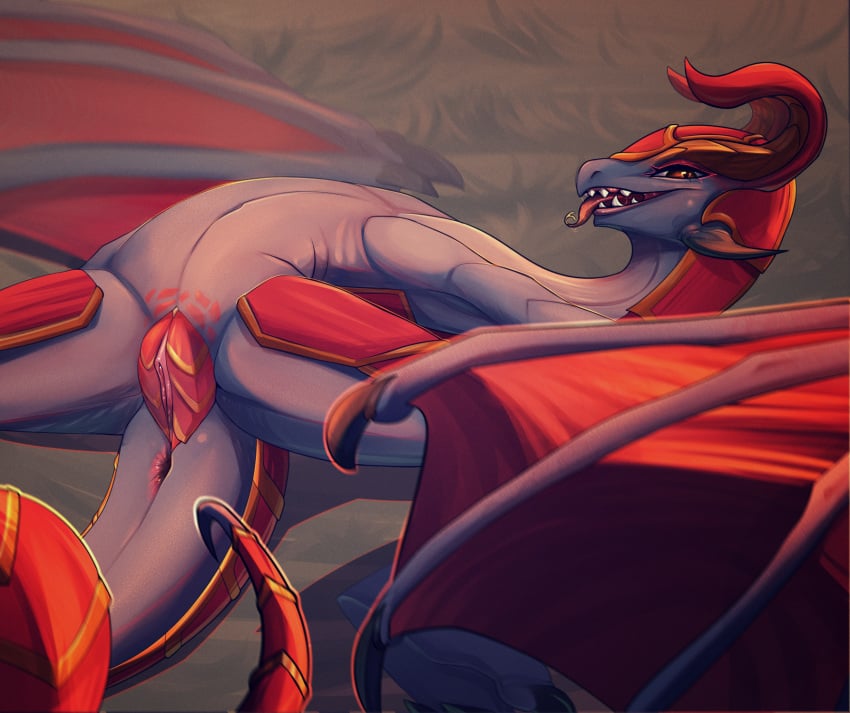 2019 anus bedroom_eyes digital_media_(artwork) dragon dragon_shyvana elvche female feral half-closed_eyes hi_res league_of_legends looking_at_viewer lying navel on_back pussy seductive shyvana solo video_games wings