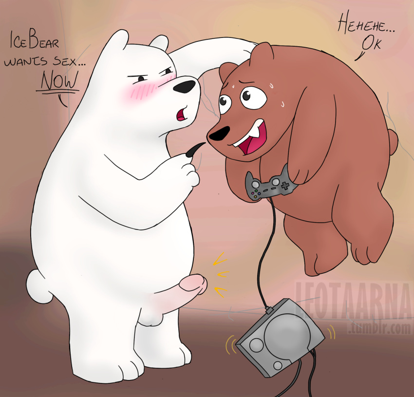 anthro balls bear blush brown_fur cartoon_network claws controller duo erection fur game_console grizzly_(wbb) hi_res humanoid_penis ice_bear leotaarna male mammal penis playstation playstation_1 polar_bear simple_background sony submissive sweat video_games we_bare_bears white_fur yaoi