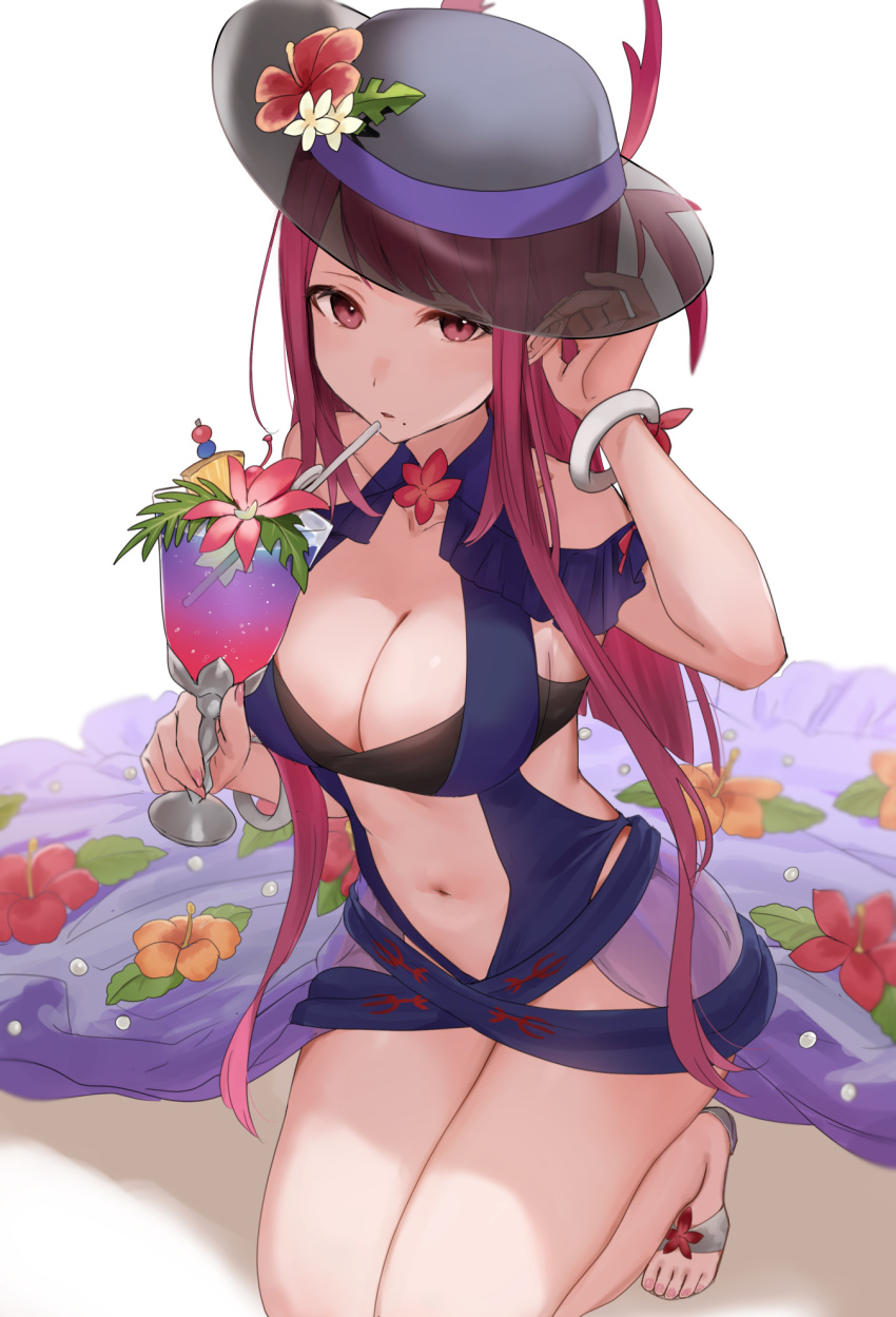 1girls alternate_costume bare_shoulders black_headwear blue_one-piece_swimsuit blue_swimsuit breasts cleavage clothing_cutout dress dress_swimsuit drink drinking_straw expressionless female female_only fire_emblem fire_emblem_engage fire_emblem_heroes haru_(nakajou-28) highres ivy_(fire_emblem) ivy_(summer)_(fire_emblem) large_breasts long_hair looking_at_viewer mole mole_under_mouth nintendo official_alternate_costume one-piece_swimsuit purple_eyes purple_hair see-through_headwear stomach stomach_cutout swimsuit toeless_footwear tropical_drink