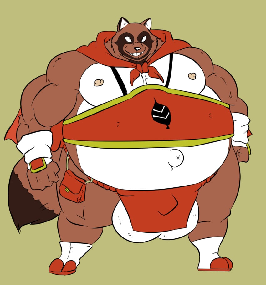 a-side balls belly bulge canine cape clothed clothing male male_only mammal moobs musclegut navel nipples outie outie_navel partially_clothed smile solo tanuki