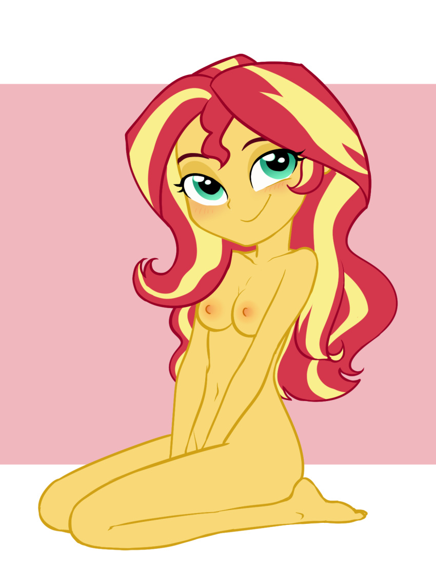 barefoot blonde_hair breasts casual equestria_girls eyelashes female friendship_is_magic green_eyes highres human humanized kneeling long_hair looking_at_viewer my_little_pony navel nipples nsfwee nude open_mouth personification red_hair smile solo sunset_shimmer two_tone_hair yellow_skin