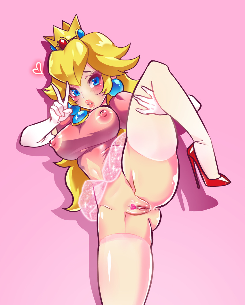 1girls anus blonde_hair blue_eyes bottomless breasts clothing cowboy_shot elbow_gloves erect_nipples female female_only freakylucky garters gesture gloves high_heels highres leg_lift long_hair lying mario_(series) navel_cutout nintendo nipple_cutout nipples on_side pink_background pointless_censoring princess_peach puffy_short_sleeves puffy_sleeves pussy raised_leg shoes simple_background solo spread_legs standing thick_thighs thighhighs thighs tutu v