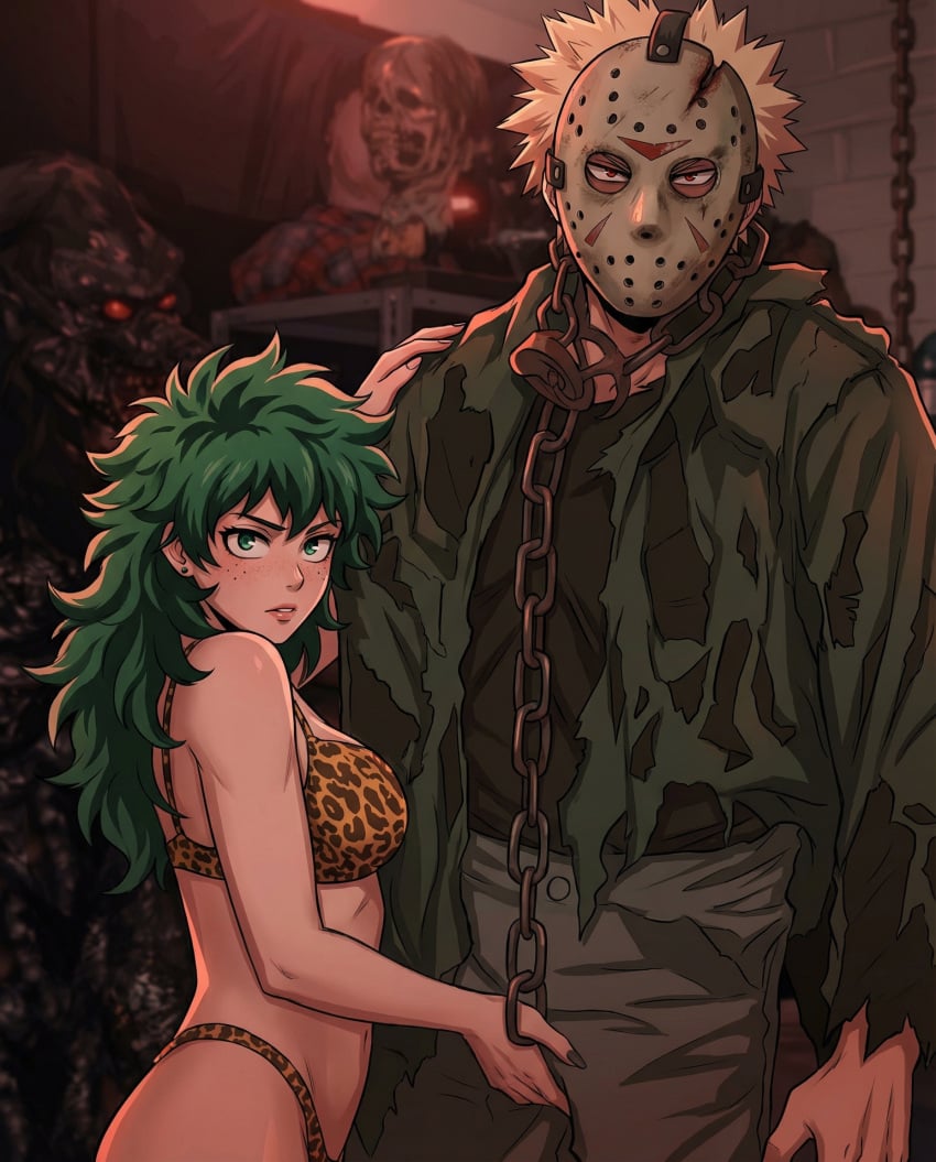 aged_up aged_up_character ai_generated bikini blood_stain boku_no_hero_academia chain_leash chains cosplay crotch_rub deku_princess female_deku friday_the_13th grabbing_penis hetero horrified horror horror_(theme) hot izuku_midoriya katsuki_bakugou leopard_print looking_at_viewer looking_back_at_viewer lustful_gaze male/female monster my_hero_academia sexy sexy_body uncensored