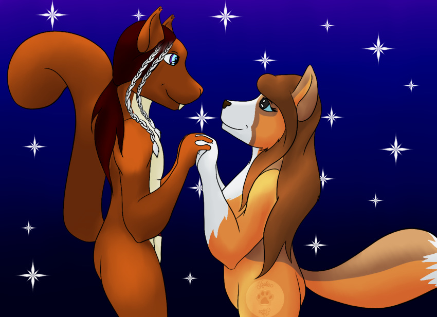 1boy 1girls 2d ambiguous_gender animal_genitalia anthro breasts canine collie female fox furry gradient_background kookiekitten mammal nude rodent sheath simple_background squirrel star tagme tip