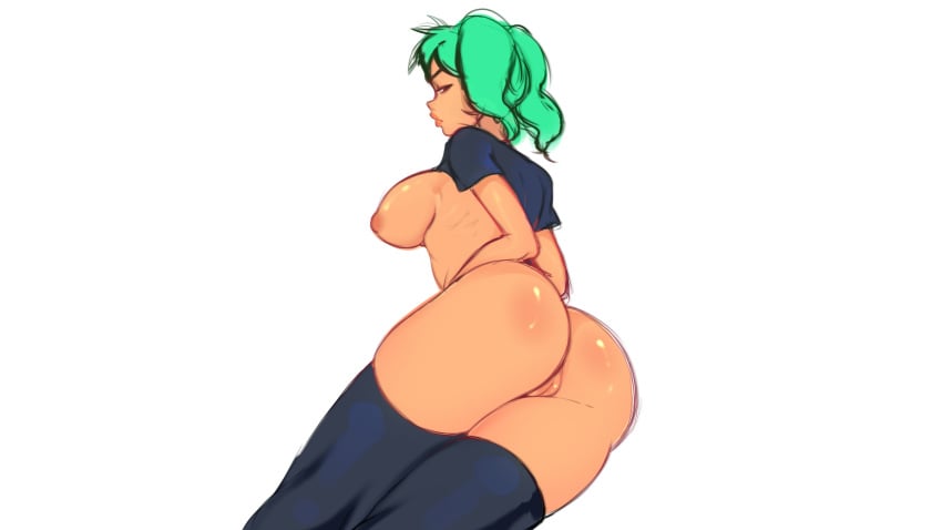 1girls ass black_legwear black_shirt black_thighhighs bottomless breasts female female_focus female_only green_eyes green_hair legwear looking_back medium_breasts no_bra no_panties no_pants pussy roblox roblox_avatar robloxian shirt shirt_lift short_sleeves sideboob solo squishyte t-shirt tan_skin thick_thighs thighhighs thighs twintails white_background