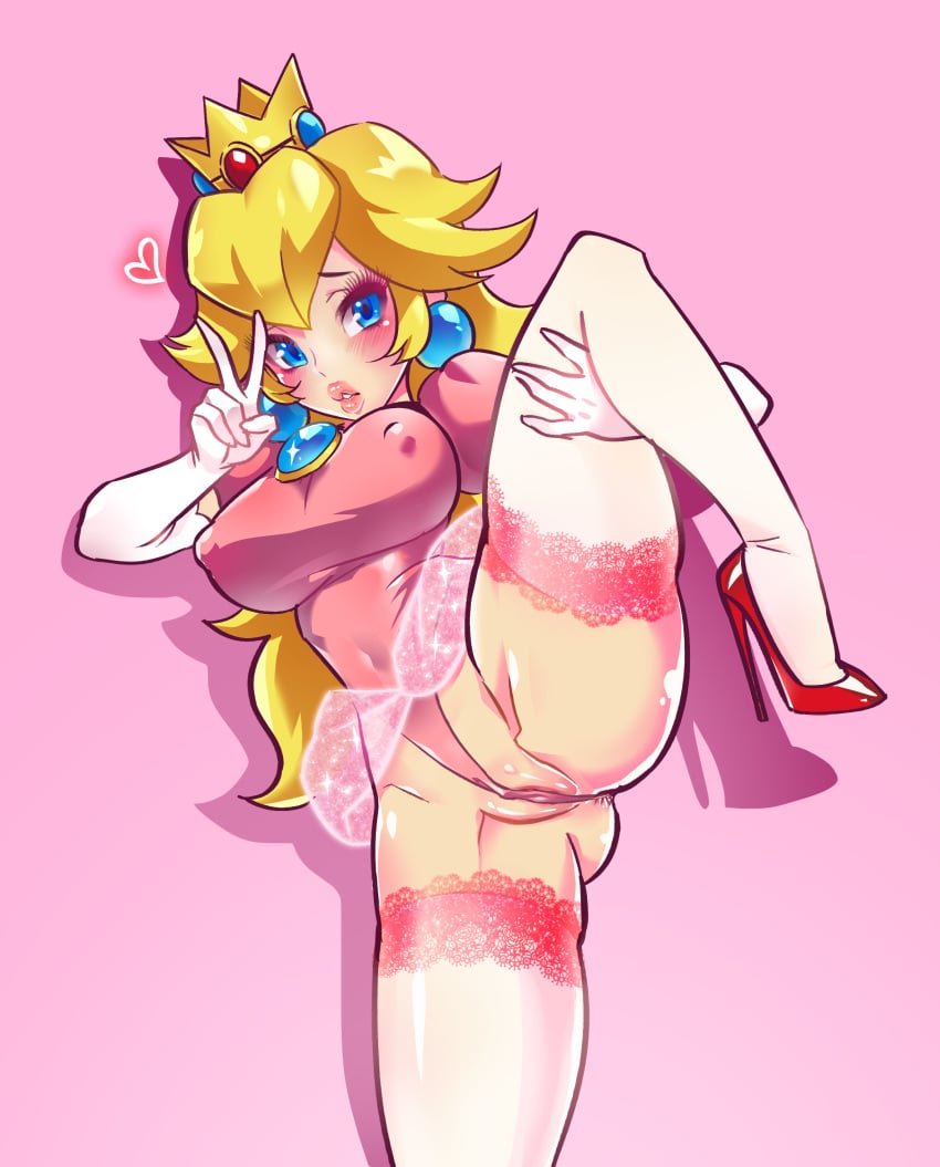 1girls anus anus_peek blonde_hair blue_eyes breasts clothing covered_navel cowboy_shot elbow_gloves erect_clitoris erect_nipples female female_only freakylucky garters gesture gloves high_heels highres leg_lift leotard long_hair lying mario_(series) nintendo nipple_bulge nipples nude on_side partially_visible_vulva pink_background pink_leotard pointless_censoring princess_peach puffy_short_sleeves puffy_sleeves pussy pussy_peek raised_leg shoes simple_background solo spread_legs standing thick_thighs thighhighs thighs v