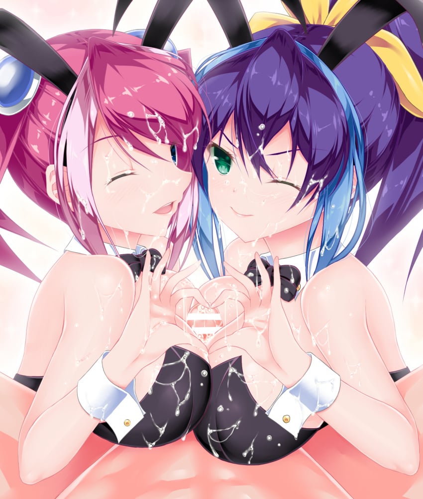 >:) 1boy 2girls animal_ears aqua_eyes blue_eyes bow bowtie bracelet_girls breast_press breasts bunny_ears bunny_girl bunnysuit calcio censored collar cum cum_in_hands cum_on_body cum_on_breasts cum_on_clothes cum_on_hair cum_on_upper_body double_paizuri facial hair_ornament heart heart_hands heart_hands_duo highres hiiragi_yuzu large_breasts looking_at_viewer multiple_girls multiple_paizuri one_eye_closed open_mouth paizuri penis pink_hair pointless_censoring purple_hair serena_(yu-gi-oh!_arc-v) straight symmetrical_docking wrist_cuffs yu-gi-oh! yu-gi-oh!_arc-v yuu-gi-ou_arc-v