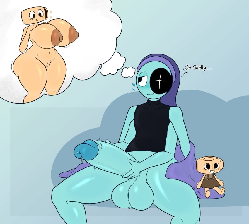 1boy 1girls areolae astro_(dandy's_world) big_breasts breasts closed_mouth closed_smile clothed_male_nude_female completely_nude completely_nude_female dandy's_world english_text female male male_focus masturbating_to_person masturbation naked naked_female nipples nude nude_female obsuniq penis pussy shelly_(dandy's_world) smile text thinking thinking_about_another thinking_of_someone_else