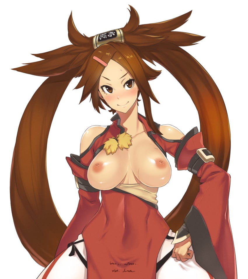 bare_shoulders blush breasts breasts_out brown_eyes brown_hair china_dress chinese_clothes collarbones cowboy_shot eyebrows eyelashes female guilty_gear guilty_gear_xrd hair_ornament hair_rings hairclip hand_on_hip highres kuradoberi_jam large_breasts long_hair open_clothes purplevortex skirt smile solo sweat sweatdrop upper_body very_long_hair white_background