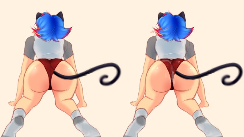 1girls ass ass_focus back_view big_ass blue_hair bottomless cat_ears cat_tail catgirl clothed clothing cum cum_on_ass cum_on_panties female female_only grey_sleeves multicolored_hair neko no_pants on_knees pale-skinned_female pale_skin panties red_hair red_panties roblox roblox_avatar robloxian shirt short_hair short_sleeves simple_background socks solo squishyte t-shirt thick_thighs thighs two_tone_hair white_shirt white_socks