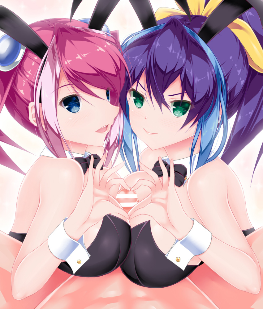 >:) 1boy 2girls animal_ears aqua_eyes blue_eyes bow bowtie bracelet_girls breast_press breasts bunny_ears bunny_girl bunnysuit calcio censored collar double_paizuri hair_ornament heart heart_hands heart_hands_duo highres hiiragi_yuzu large_breasts looking_at_viewer multiple_girls multiple_paizuri open_mouth paizuri penis pink_hair pointless_censoring purple_hair serena_(yu-gi-oh!_arc-v) straight symmetrical_docking wrist_cuffs yu-gi-oh! yu-gi-oh!_arc-v