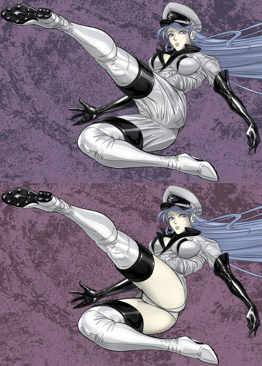 1female 1girls akame_ga_kill! big_breasts blue_eyes blue_eyes_female blue_hair boots breasts edogast elbow_gloves esdeath_(akame_ga_kill!) female female_only gloves heels high_heel_boots high_heels highres leather leather_boots leather_clothing leather_gloves long_gloves long_legs looking_at_viewer military military_cap military_hat military_uniform older_female patent_boots thigh_boots thighhigh_boots thighhighs thighs