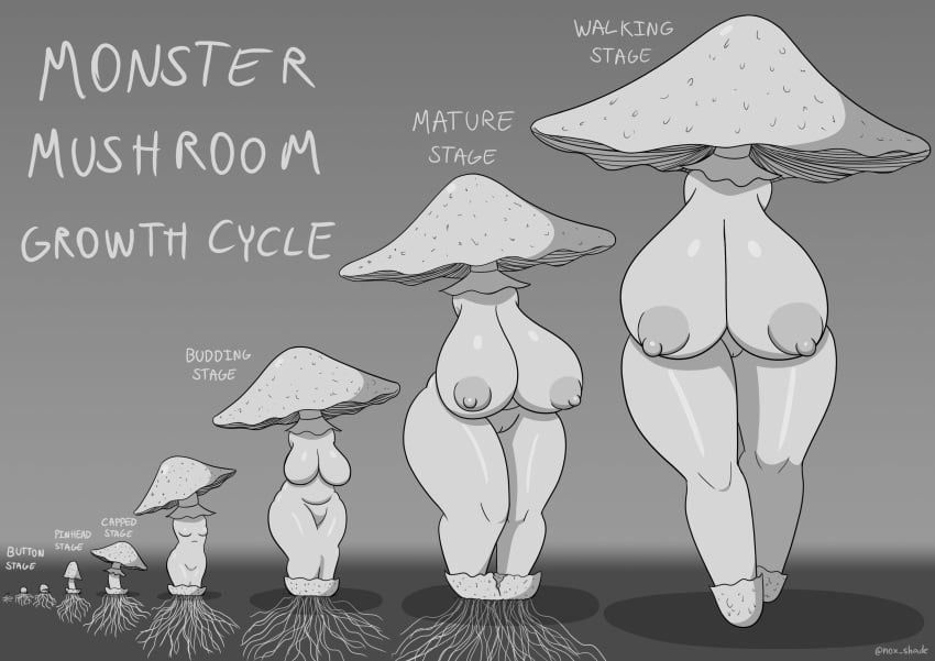 areolae armless big_breasts black_and_white english_text fantasy featureless_breasts fungi fungi_humanoid fungus growth_cycle growth_sequence large_breasts monochrome mushroom mushroom_girl mushroom_head nipples no_arms no_feet no_hands noxshade nude nude_female plant_girl plant_growth plant_humanoid roots text