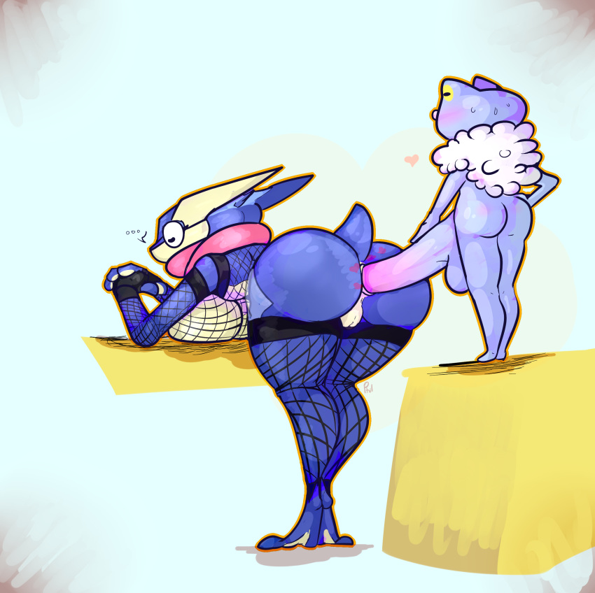 1boy 1girls amphibian anal anal_sex anthro anthro_on_anthro ass bent_over big_ass big_breasts big_penis big_testicles blue_background blue_skin blush breasts closed_eyes duo erection female fishnets froakie frog gloves greninja heart hi_res interspecies large_ass large_breasts larger_female long_penis male male_penetrating nintendo nude penetration penis pokémon_(species) pokemon pokemon_(species) pokemon_xy pussy sex sirphilliam size_difference smaller_male standing straight sweat testicles text thick_thighs underboob video_games webbed_feet wide_hips