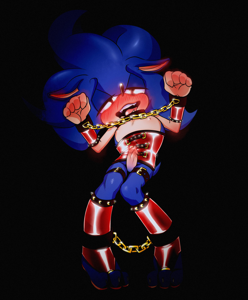 1boy alternate_body_type androgynous blush bondage bondage_gear bondage_outfit bound chains corset curry5 femboy girly kukkiisart male male_only malesub penis restrained solo sonic_(series) sonic_the_hedgehog trap