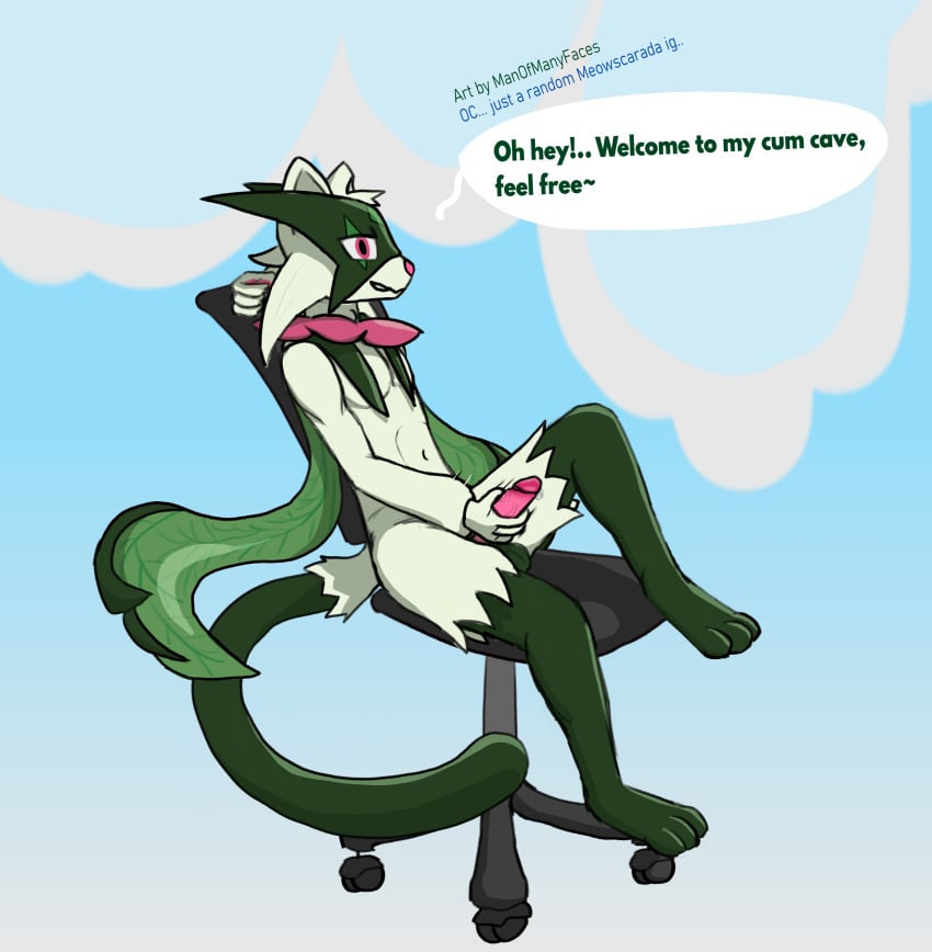 abstract_background absurd_res anthro balls bodily_fluids chair furniture generation_9_pokemon genital_fluids genitals green_body green_tail hi_res holding_penis looking_at_viewer male male_only manofmanyfaces masturbation meowscarada multicolored_body nintendo office_chair penis pink_eyes pink_nose pokemon pokemon_(species) precum rolling_chair shaded sitting solo tail talking_to_viewer two_tone_body