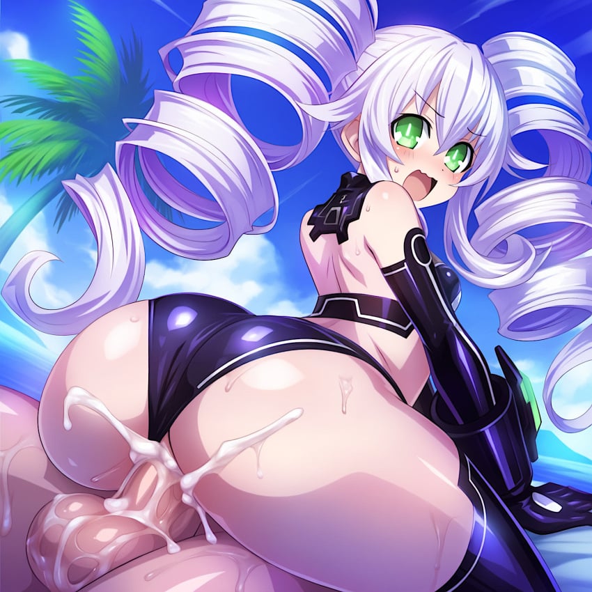 1boy 1girls ai_generated ass_focus black_sister blush clothed_sex cowgirl_position cum cum_in_pussy cum_inside drill_hair elbow_gloves embarrassed female female_focus from_behind green_eyes male neptunia_(series) novelai outdoors panties_aside penis self_upload sex shiny_clothes small_breasts straight testicles thighhighs uni_(neptunia) vaginal_penetration wavy_mouth white_hair