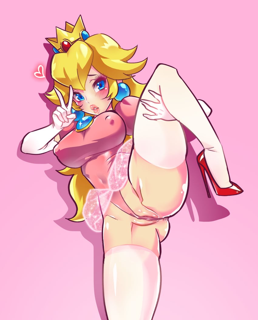 1girls anus anus_peek blonde_hair blue_eyes breasts clothing covered_navel cowboy_shot elbow_gloves erect_clitoris erect_nipples female female_only freakylucky gesture gloves high_heels highres leg_lift leotard long_hair lying mario_(series) nintendo nipple_bulge nipples nude on_side partially_visible_vulva pink_background pink_leotard pointless_censoring princess_peach puffy_short_sleeves puffy_sleeves pussy pussy_peek raised_leg shoes simple_background solo spread_legs standing thick_thighs thighhighs thighs tutu v