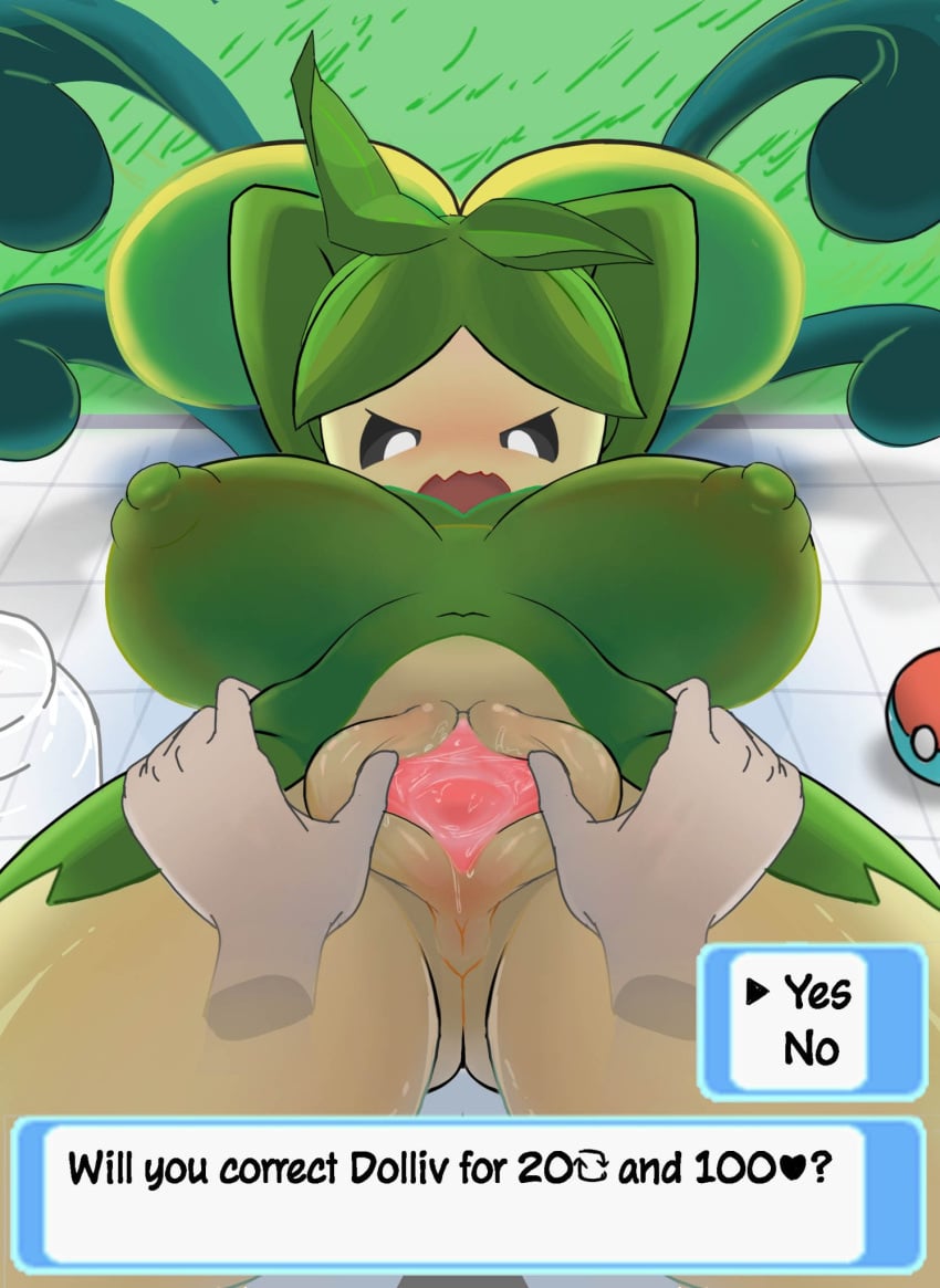 anus ass big_breasts black_sclera blush breasts butt_from_the_front disembodied_hand dolliv ecchitrail elemental_creature elemental_humanoid female flora_fauna generation_9_pokemon genitals green_body green_hair hair hi_res humanoid lying navel nintendo nipple_outline on_back open_mouth plant plant_hair plant_humanoid pokeball pokemon pokemon_(species) pseudo_hair pussy short_stack solo spread_pussy spreading tan_body text thick_thighs white_eyes wide_hips