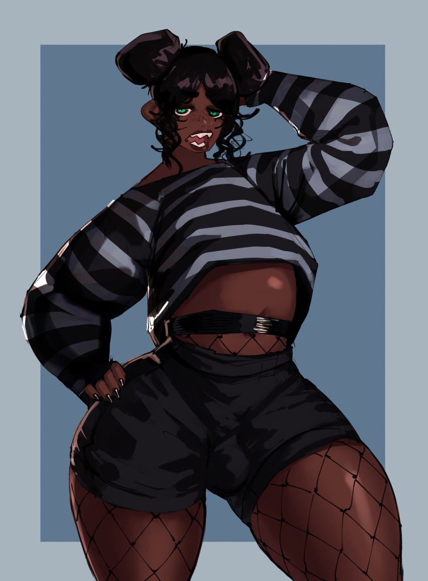 1boy axred7 belly black_femboy clothed dark-skinned_femboy dark-skinned_male dark_skin femboy fishnet_legwear freckles freckles_on_face green_eyes hair_bun looking_at_viewer male_focus male_only painted_nails sharp_teeth sissy solo thick_thighs trap wide_hips