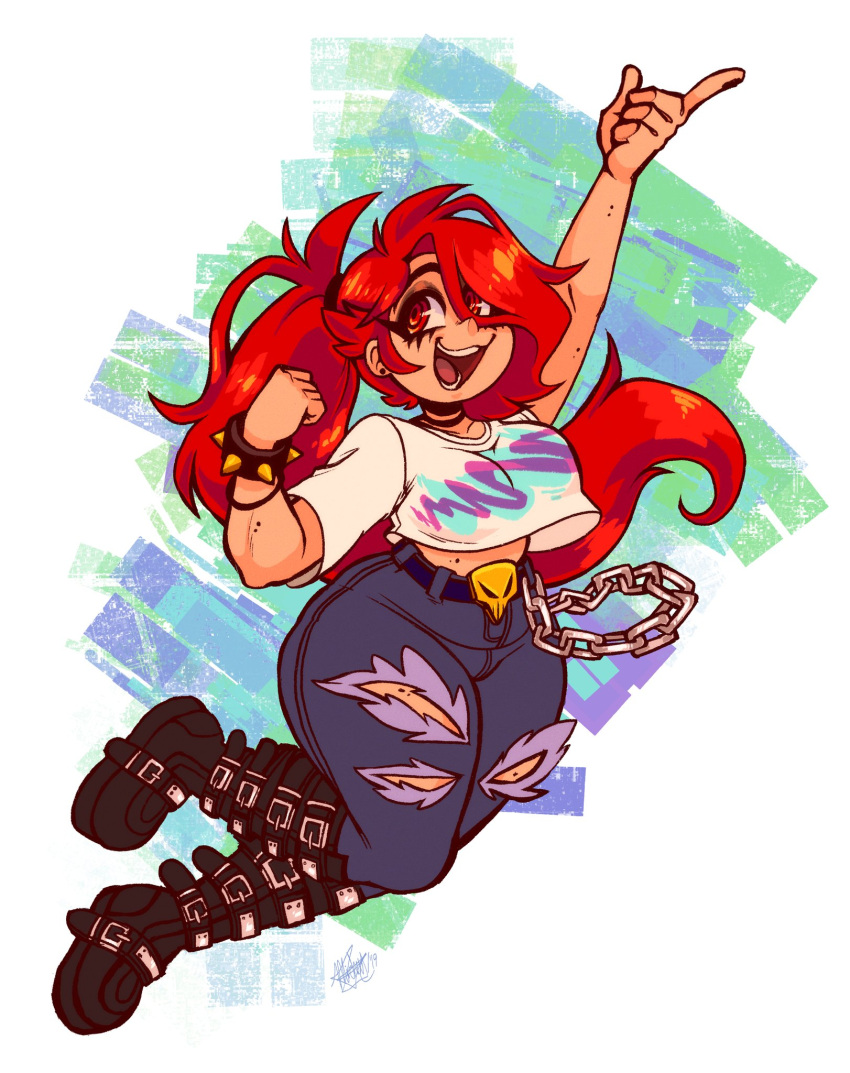 1girls 2d belt belt_buckle big_butt boots breasts chains happy jeans not_porn ponytail red_eyes red_hair ripped_pants spiked_bracelet t-shirt toon_michaela toxicsoul77 wide_hips