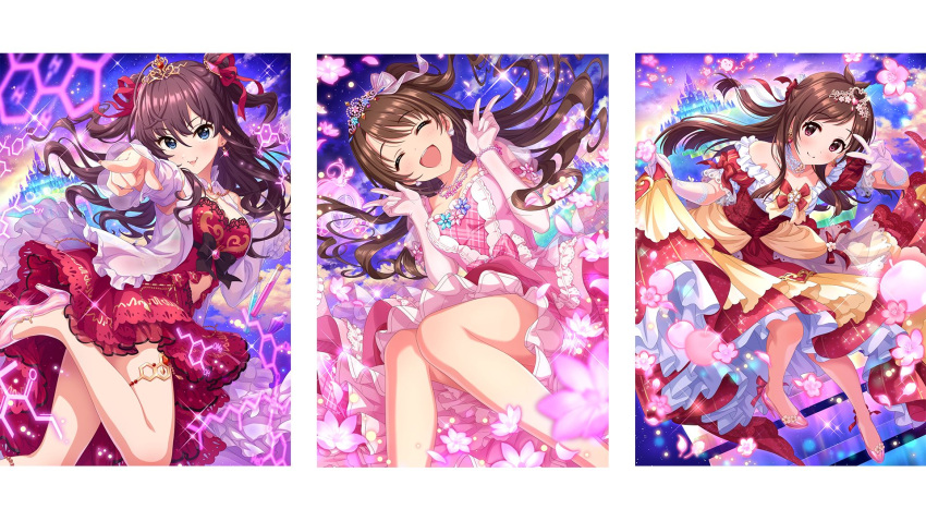 castle chemical_structure collarbone double_v dress earrings high_heels highres ichinose_shiki idolmaster idolmaster_cinderella_girls jewelry official_art petals ribbon shimamura_uzuki skirt sky smile thighs tiara tsujino_akari v