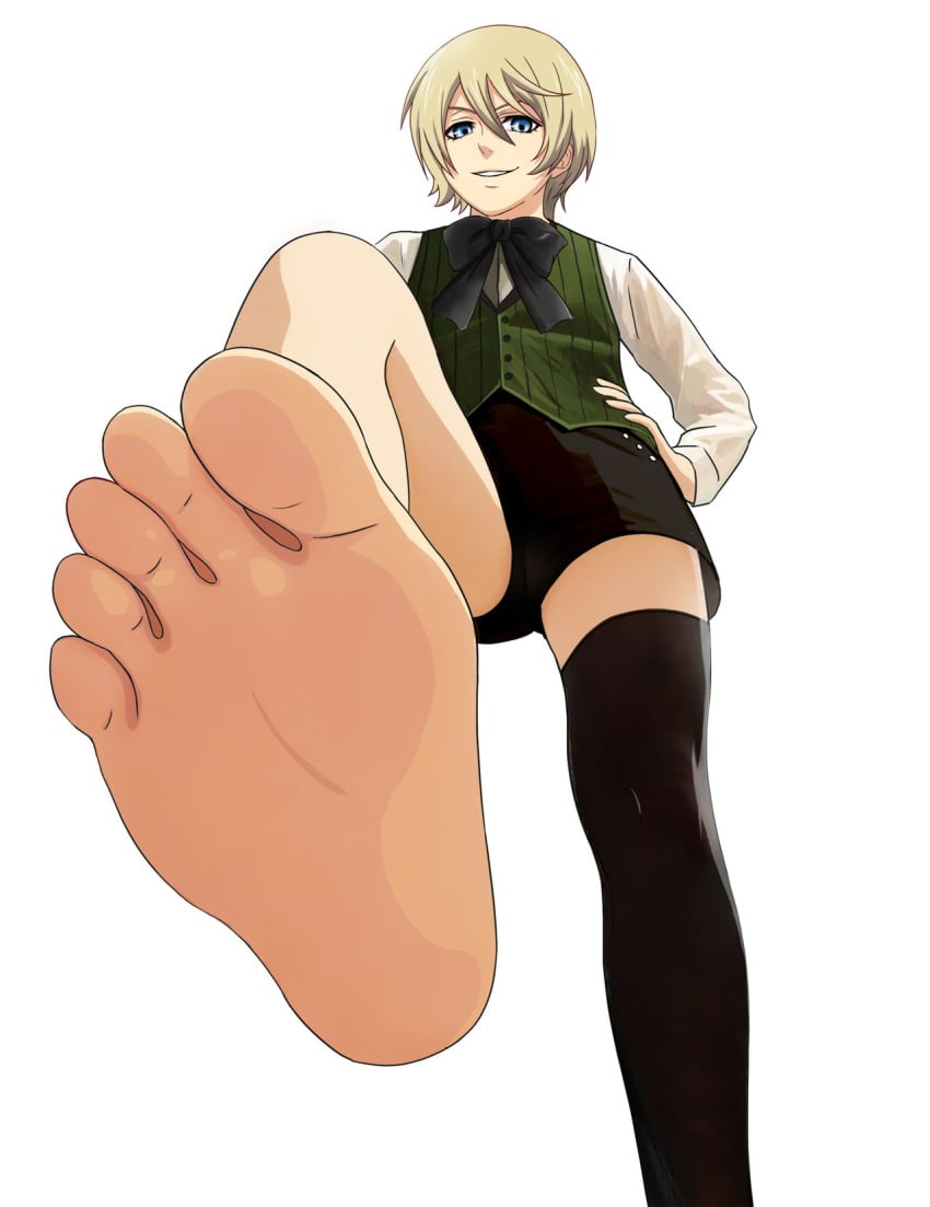 1boy alois_trancy barefoot black_butler black_thighhighs blonde_hair blue_eyes c3_piyo feet feet_focus feet_in_face femboy girly hand_on_hip looking_at_viewer pov smirking_at_viewer stepped_on thighhighs twink