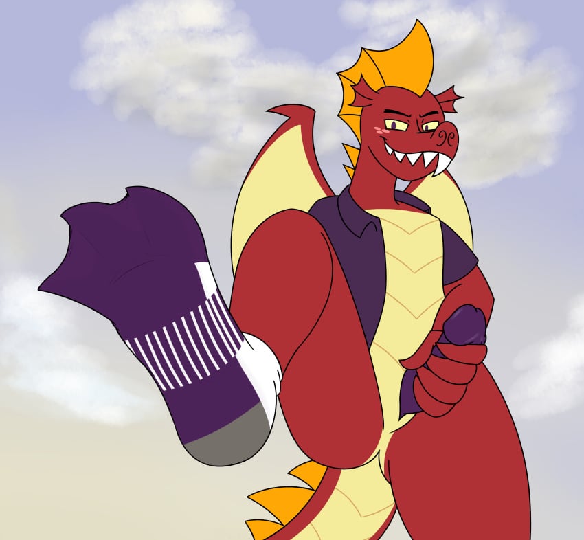 aaron_amethyst absurd_res anthro clothed clothing cloud dragon erection fangs feet foot_focus footwear freckles friendship_is_magic garble_(mlp) genitals hand_on_penis hasbro hi_res male male_only my_little_pony mythological_creature mythological_scalie mythology open_clothing open_shirt open_topwear partially_clothed penis purple_clothing purple_footwear purple_penis purple_socks raised_foot scalie shirt sky smile sock_fetish socks solo teeth topwear white_clothing white_footwear white_socks wings