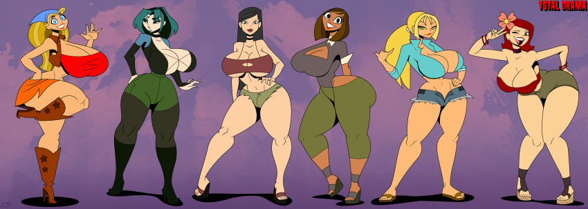 6girls alternate_breast_size areolae arms_behind_ass arms_behind_back artist_signature ass barefoot big_ass big_breasts big_butt black_hair blonde_hair blue_eyes bracelet breasts_bigger_than_head bridgette_(tdi) brown_eyes brown_hair cartoon_network choker courtney_(tdi) curvy earrings female female_only flip_flops flower flower_on_head full_body gesture gesturing_at_viewer green_eyes gwen_(tdi) hand_on_hip heather_(tdi) hourglass_figure huge_breasts jacket lindsay_(tdi) lipstick long_hair looking_at_viewer looking_to_the_side multicolored_hair multiple_girls neckwear ponytail red_hair redesign rustysh4ckl3ford short_hair shorts simple_background smile standing standing_on_one_leg teletoon total_drama_(series) total_drama_island two_fingers two_fingers_up waving wedding_ring wink winking_at_viewer wristwear zoey_(tdi)