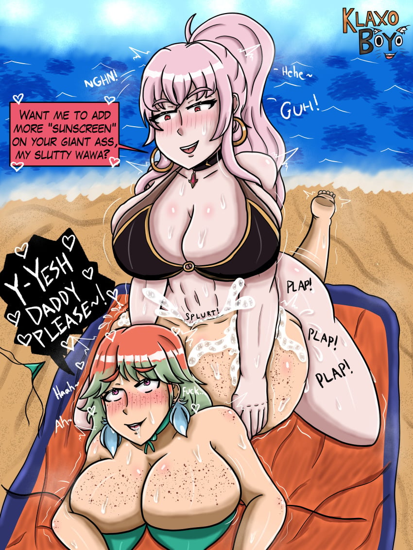 1futa 1girls abs barefoot beach beach_towel big_ass big_breasts big_butt bottomless clothed clothing cum cum_on_ass duo female freckles freckles_on_ass freckles_on_breasts freckles_on_face freckles_on_shoulders futa_on_female futadom futanari hololive hololive_english hololive_myth huge_ass huge_breasts human klaxoboyo light-skinned_female light-skinned_futanari light_skin long_hair mori_calliope mostly_nude on_stomach orange_hair pink_hair ponytail prone_bone purple_eyes red_eyes rolling_eyes takamori_(hololive) takanashi_kiara text thong thong_aside topless virtual_youtuber watermark