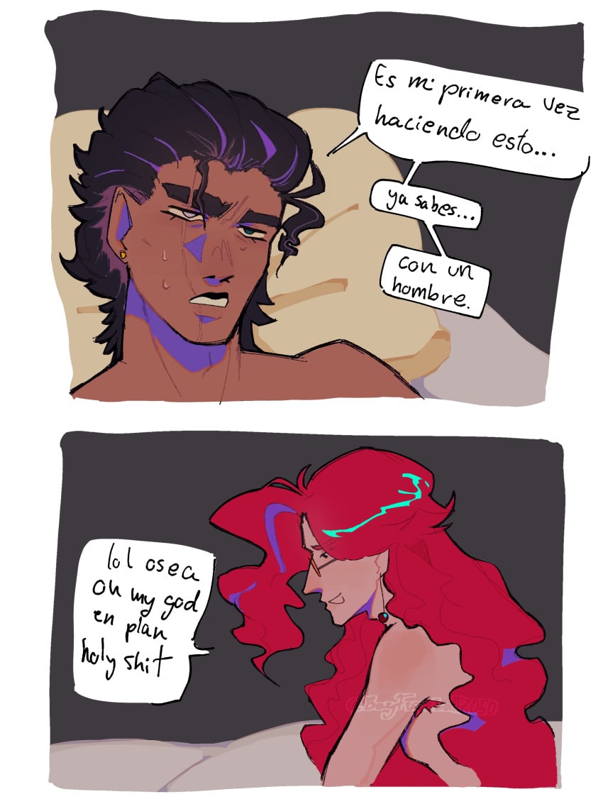 aged_up bayfuzzball7050 comic dark-skinned_male dark_skin dilf feminine_male gay jotaro_kujo long_hair_male mini_comic nervous noriaki_kakyoin pale-skinned_male red_hair red_hair_male scar_across_eye scar_on_face silly spanish_dialogue spanish_text wholesome