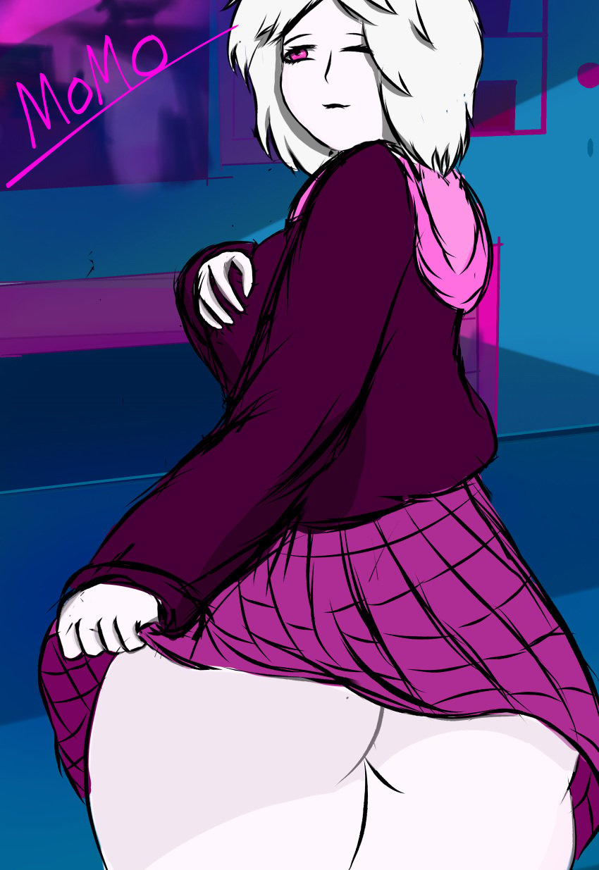 big_ass big_thighs emberlynn helluva_boss looking_back purple_eyes purple_hoodie purple_skirt smile white_hair