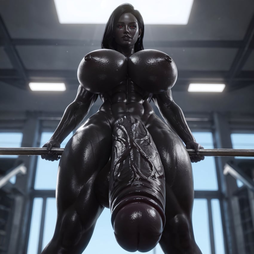 1futa abs ai_generated athletic_futanari big_breasts big_muscles big_penis big_thighs black_body black_hair black_penis dark-skinned_futanari dark_hair dark_skin futa_only futanari hi_res highres huge_balls huge_breasts huge_cock huge_testicles huge_thighs long_penis looking_at_viewer low-angle_view muscle muscles muscular muscular_futanari muscular_thighs red_eyes solo solo_futa taker_pov veiny_penis very_dark_skin