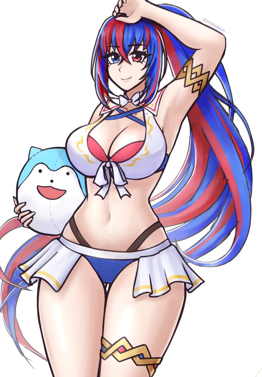 1girls alear_(female)_(fire_emblem) alear_(female)_(seaside_dragon)_(fire_emblem) alear_(fire_emblem) alternate_costume alternate_hairstyle ass_visible_through_thighs bikini blue_bikini blue_eyes blue_hair blue_swimsuit breasts character_ball cleavage criss-cross_halter crossed_bangs embyarts female female_only fire_emblem fire_emblem_engage fire_emblem_heroes front-tie_bikini_top front-tie_top gold_armlet gold_thighlet halterneck heterochromia highres large_breasts long_hair multicolored_bikini multicolored_clothes multicolored_hair nintendo official_alternate_costume official_alternate_hairstyle ponytail red_bikini red_eyes red_hair red_swimsuit showgirl_skirt smile solo sommie_(fire_emblem) split-color_hair swimsuit thick_thighs two-tone_hair very_long_hair white_bikini white_swimsuit wide_hips