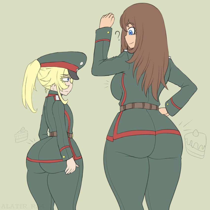 2girls alatir angry ass ass_focus big_ass breast_envy female female_only massive_ass military military_uniform multiple_girls tanya_degurechaff viktoriya_ivanovna_serebryakov youjo_senki