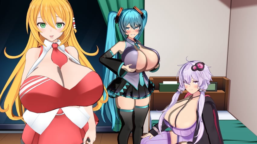 3girls blonde_hair blue_eyes blue_hair clothed hatsune_miku holding_breast large_breasts long_hair looking_at_viewer sitting_on_bed thick_thighs thighhighs tsurumaki_maki twintails vocaloid voiceroid white_hair yuzuki_yukari