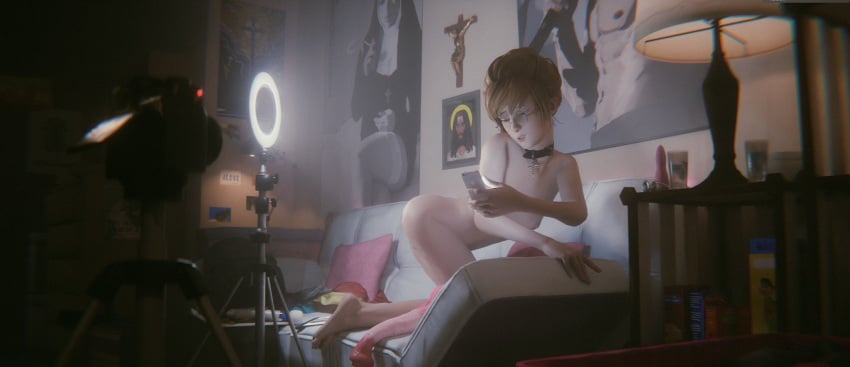 1girls 3d ass bending_over blonde_hair camera cross dildo feet female female_only glasses kate_marsh life_is_strange nude petite phone ring_light solo thereycake vibrator