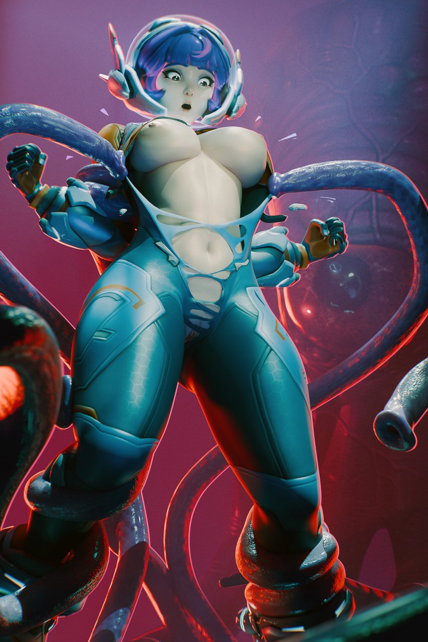 3d absurdres alien blue_bodysuit bodysuit bound bound_ankles bound_arms breasts exposed_breasts female fugtrup helmet highres juno_(overwatch) large_breasts monster navel nipples open_mouth overwatch overwatch_2 purple_hair pussy restrained restrained_by_tentacles solo space_helmet stripped_by_tentacles tentacle tentacles tentacles_around_legs torn_clothes torn_spacesuit