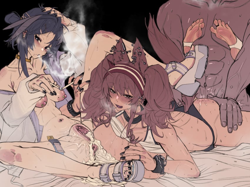 2girls angelina_(arknights) animal_ears arknights bimbo cigarette cum female gaping_pussy la_pluma_(arknights) male nipple_piercing piercings victim_alice